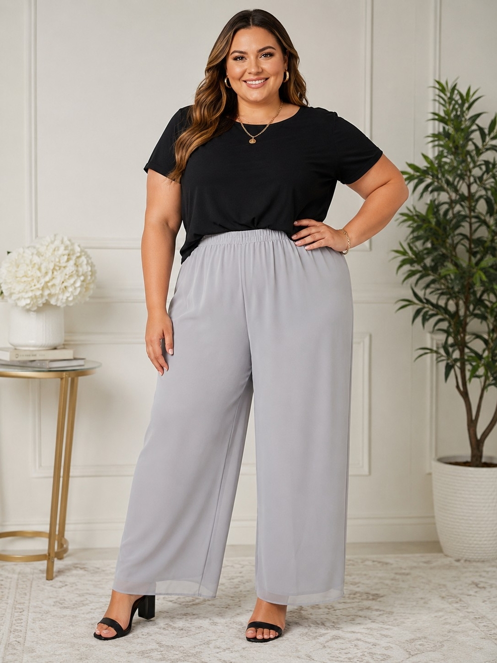 Cynthia Taylor Plus Size 2X Light Gray Sheer Pull On Pant Elastic Waist Wide Leg